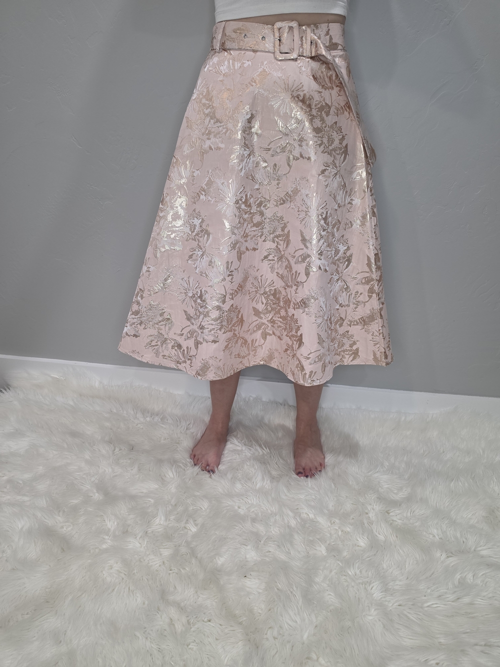 NWT MOTF Blush Pink Metallic Floral Midi Skirt with Belt